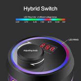 Tattoo Machine Power Supply with adjustable knob and screen. Black round unit with an LED color-changing ring that varies with voltage (2.0V to 12V).
